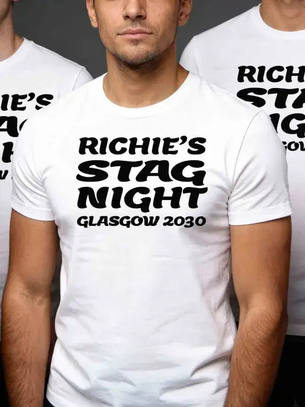 White t-shirt with 'Richie's Stag Night Glasgow 2030' text worn by a person.
