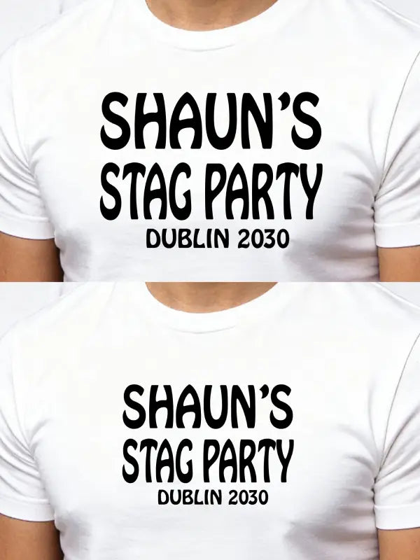 Size comparison of iron on stag party transfers on white T-shirts, showing A4 large and A5 small chest print reading “Shaun’s Stag Party Dublin 2030”.