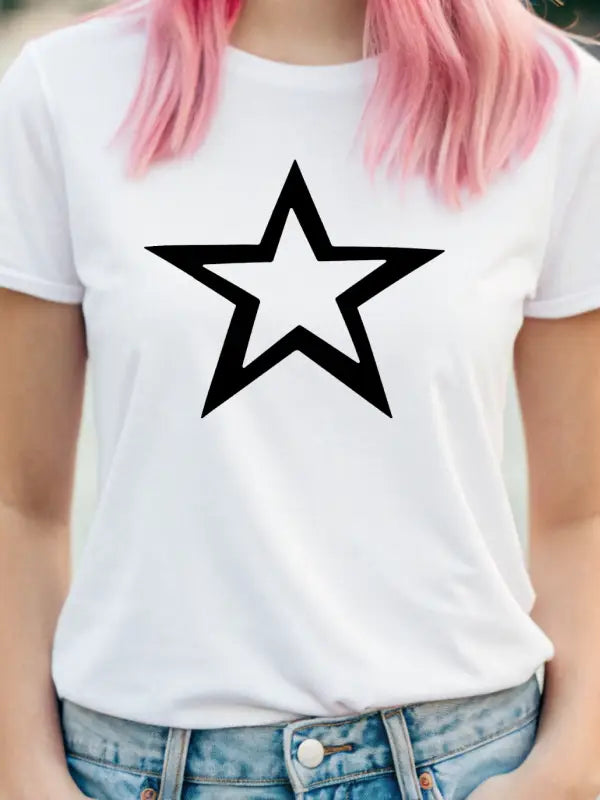 Outlined black iron on stars design on a white tee, ideal for creating standout personalised fashion statements.