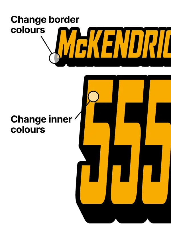 Visual showing how to customise inner and border colours of motocross iron on transfers for names and numbers.