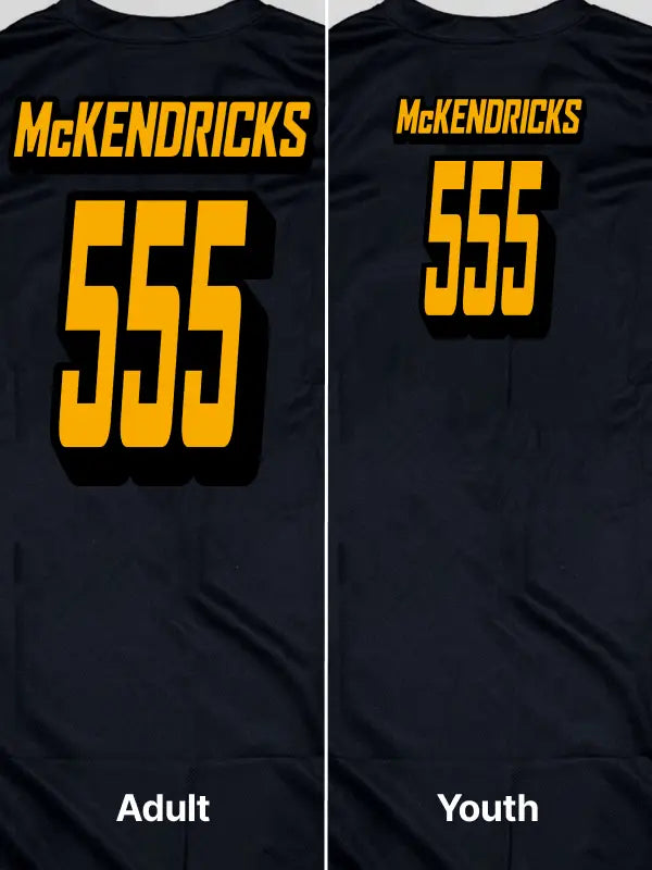 Side-by-side comparison of adult and youth sizes for motocross iron on transfers with name and number printed on jerseys.